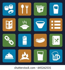 Menu icons set. set of 16 menu filled icons such as chili, drink, hot dog, chinese fast food, burrito, beer mug, dish, menu, bowl, sushi, chain, fork and spoon