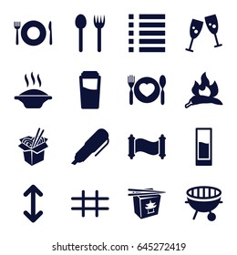 Menu icons set. set of 16 menu filled icons such as chili, plate fork and spoon, drink, chinese fast food, noodles fast food, plate with spoon and fork, menu, bbq, grid, pen