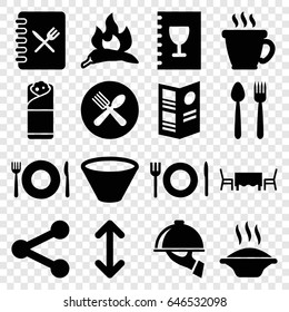Menu icons set. set of 16 menu filled icons such as chili, plate fork and spoon, coffee, burrito, spoon and fork, menu, dish serving, restaurant table, bowl, arrow, soup