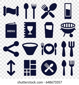 Menu icons set. set of 16 menu filled icons such as spoon and fork, fork and spoon, drink, plate with spoon and fork, bbq, grid, menu, bowl, arrow, manuscript