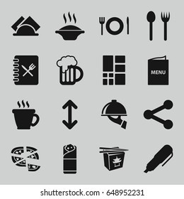 Menu icons set. set of 16 menu filled icons such as coffee, chinese fast food, pizza, burrito, beer mug, grid, napkin, plate fork and spoon, menu, dish serving, pen, arrow