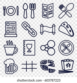 Menu icons set. set of 16 menu outline icons such as fork and spoon, coffee, taco, chinese fast food, pizza, spoon and fork, beer mug, grid, plate fork and spoon, menu, chain