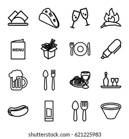 Menu icons set. set of 16 menu outline icons such as spoon and fork, plate fork and spoon, chili, taco, hot dog, noodles fast food, beer mug, napkin, menu, drink, bowl, pen
