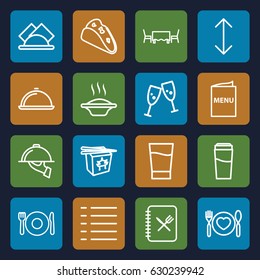 Menu icons set. set of 16 menu outline icons such as plate fork and spoon, drink, taco, chinese fast food, plate with spoon and fork, menu, dish, napkin, dish serving