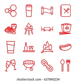 Menu icons set. set of 16 menu outline icons such as chili, drink, hot dog, chinese fast food, pasta and wine glass, bbq, wine bottle and glass, menu, restaurant table, chain