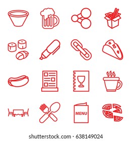 Menu icons set. set of 16 menu outline icons such as coffee, taco, hot dog, pizza, noodles fast food, fork and spoon, beer mug, menu, restaurant table, bowl, sushi, pen, chain