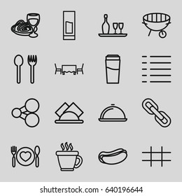 Menu icons set. set of 16 menu outline icons such as drink, coffee, hot dog, pasta and wine glass, plate with spoon and fork, menu, bbq, grid, dish, napkin, restaurant table