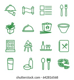 Menu icons set. set of 16 menu outline icons such as drink, chinese fast food, pizza, noodles fast food, drink and food, dish, wine bottle and glass, menu, dish serving, bowl