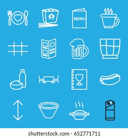 Menu icons set. set of 16 menu outline icons such as coffee, hot dog, chinese fast food, burrito, drink and food, plate with spoon and fork, beer mug, grid, menu, drink