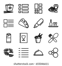 Menu icons set. set of 16 menu outline icons such as taco, chinese fast food, pizza, burrito, pasta and wine glass, fork and spoon, menu, grid, dish, wine bottle and glass