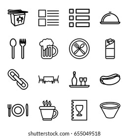 Menu icons set. set of 16 menu outline icons such as coffee, hot dog, chinese fast food, burrito, spoon and fork, beer mug, dish, wine bottle and glass, menu, restaurant table