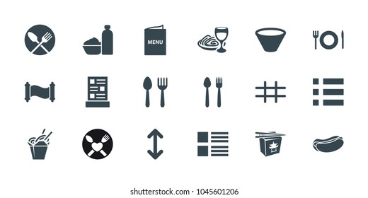 Menu icons. set of 18 editable filled menu icons: spoon and fork, menu, hot dog, chinese fast food, pasta and wine glass, grid, bowl, arrow
