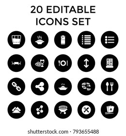 Menu icons. set of 20 editable filled menu icons such as spoon and fork, share, soup, chinese fast food, pizza, burrito. best quality menu elements in trendy style.