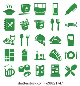 Menu icons set. set of 25 menu filled icons such as spoon and fork, plate fork and spoon, drink, taco, chinese fast food, noodles fast food, burrito, beer mug, grid, napkin