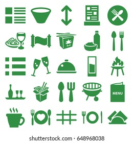 Menu icons set. set of 25 menu filled icons such as fork and spoon, coffee, chinese fast food, noodles fast food, drink and food, bbq, grid, dish, napkin, menu, drink, bowl