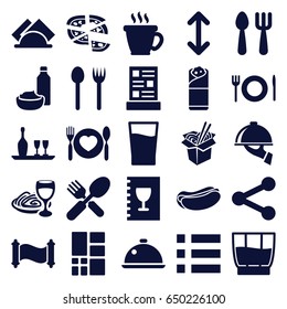 Menu icons set. set of 25 menu filled icons such as fork and spoon, coffee, hot dog, pizza, noodles fast food, burrito, drink and food, grid, dish, napkin, menu, drink