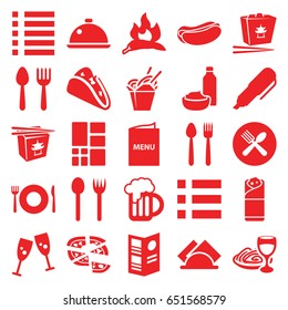 Menu icons set. set of 25 menu filled icons such as chili, spoon and fork, plate fork and spoon, taco, hot dog, chinese fast food, pizza, burrito, menu, beer mug, grid, dish