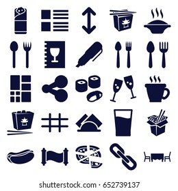 Menu icons set. set of 25 menu filled icons such as spoon and fork, coffee, hot dog, chinese fast food, pizza, noodles fast food, burrito, grid, napkin, menu, drink