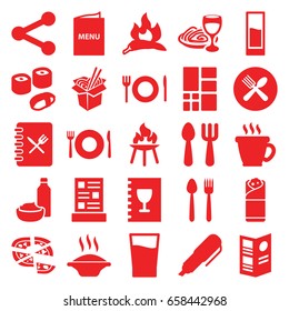 Menu icons set. set of 25 menu filled icons such as chili, plate fork and spoon, fork and spoon, coffee, pizza, noodles fast food, burrito, grid, menu, drink, bbq, sushi, pen