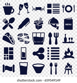 Menu icons set. set of 25 menu filled icons such as chili, fork and spoon, coffee, taco, pizza, noodles fast food, menu, grid, wine bottle and glass, drink, dish serving
