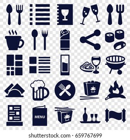Menu icons set. set of 25 menu filled icons such as chili, spoon and fork, fork and spoon, coffee, chinese fast food, burrito, menu, bbq, beer mug, grid, napkin, drink, sushi