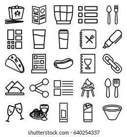 Menu icons set. set of 25 menu outline icons such as spoon and fork, drink, taco, hot dog, chinese fast food, burrito, pasta and wine glass, grid, napkin, menu, bowl, bbq, pen