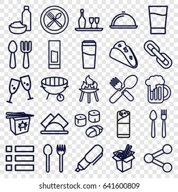 Menu icons set. set of 25 menu outline icons such as fork and spoon, drink, taco, chinese fast food, noodles fast food, burrito, drink and food, bbq, beer mug, dish, napkin