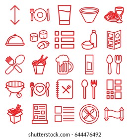 Menu icons set. set of 25 menu outline icons such as spoon and fork, plate fork and spoon, chinese fast food, noodles fast food, bbq, beer mug, grid, dish, menu, drink, bowl