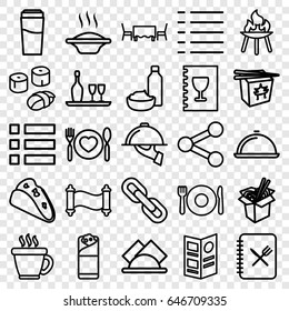Menu icons set. set of 25 menu outline icons such as plate fork and spoon, drink, coffee, taco, chinese fast food, noodles fast food, burrito, drink and food, menu, dish