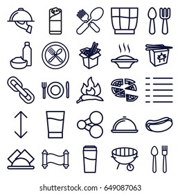 Menu icons set. set of 25 menu outline icons such as chili, fork and spoon, drink, hot dog, chinese fast food, pizza, noodles fast food, burrito, drink and food, menu, bbq