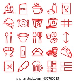 Menu icons set. set of 25 menu outline icons such as plate fork and spoon, chili, fork and spoon, coffee, taco, chinese fast food, bbq, beer mug, grid, napkin, menu, drink