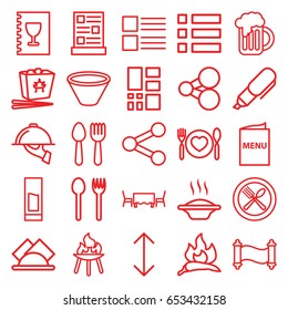 Menu icons set. set of 25 menu outline icons such as spoon and fork, chili, chinese fast food, plate with spoon and fork, beer mug, grid, napkin, menu, drink, dish serving