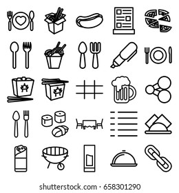 Menu icons set. set of 25 menu outline icons such as fork and spoon, hot dog, chinese fast food, pizza, noodles fast food, burrito, plate with spoon and fork, menu, bbq