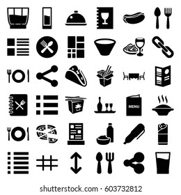 Menu icons set. set of 36 menu filled icons such as spoon and fork, plate fork and spoon, taco, hot dog, chinese fast food, pizza, noodles fast food, burrito, menu, grid, dish
