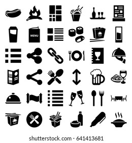 Menu icons set. set of 36 menu filled icons such as chili, plate fork and spoon, drink, hot dog, chinese fast food, noodles fast food, drink and food, menu, beer mug, grid