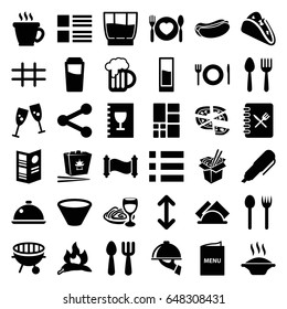 Menu icons set. set of 36 menu filled icons such as chili, spoon and fork, fork and spoon, drink, coffee, taco, hot dog, chinese fast food, pizza, noodles fast food, bbq