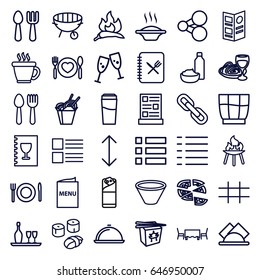 Menu icons set. set of 36 menu outline icons such as spoon and fork, chili, fork and spoon, drink, coffee, chinese fast food, pizza, burrito, menu, bbq, grid, dish, napkin