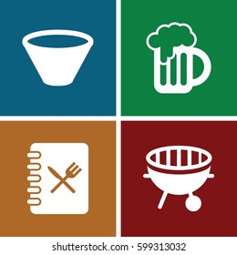 menu icons set. Set of 4 menu filled icons such as bbq, beer mug, menu