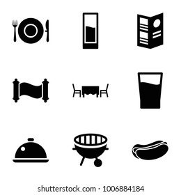 Menu icons. set of 9 editable filled menu icons such as hot dog, bbq, dish, menu, drink, restaurant table, manuscript