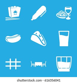 Menu icons set. set of 9 menu filled icons such as taco, hot dog, chinese fast food, pasta and wine glass, grid, drink, restaurant table