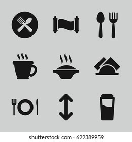 Menu icons set. set of 9 menu filled icons such as spoon and fork, drink, coffee, napkin, plate fork and spoon, arrow, manuscript