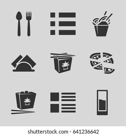 Menu icons set. set of 9 menu filled icons such as chinese fast food, pizza, napkin, drink, menu