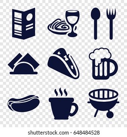 Menu icons set. set of 9 menu filled icons such as coffee, taco, hot dog, pasta and wine glass, bbq, beer mug, napkin, menu