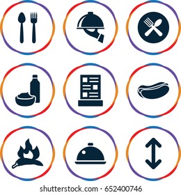 Menu icons set. set of 9 menu filled icons such as chili, hot dog, drink and food, spoon and fork, dish, menu, dish serving, arrow