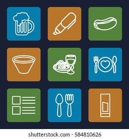 menu icons set. Set of 9 menu outline icons such as spoon and fork, hot dog, pasta and wine glass, plate with spoon and fork, beer mug, drink, bowl, pen