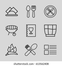 Menu icons set. set of 9 menu outline icons such as spoon and fork, chili, fork and spoon, bbq, napkin, menu