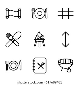 Menu icons set. set of 9 menu outline icons such as plate fork and spoon, fork and spoon, bbq, grid, menu, arrow