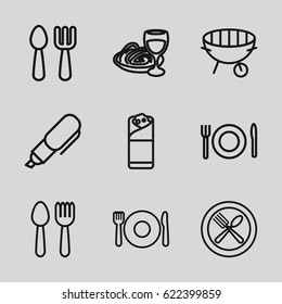 Menu icons set. set of 9 menu outline icons such as spoon and fork, plate fork and spoon, burrito, bbq