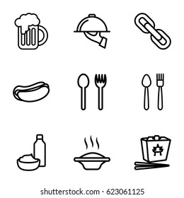 Menu icons set. set of 9 menu outline icons such as hot dog, chinese fast food, drink and food, beer mug, dish serving, chain, soup, plate fork and knife