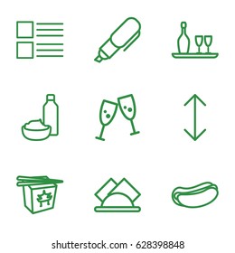 Menu icons set. set of 9 menu outline icons such as hot dog, chinese fast food, drink and food, wine bottle and glass, napkin, pen, arrow, menu